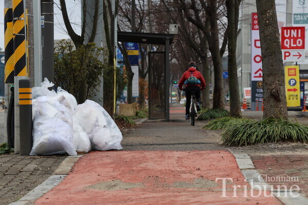 A bicycle lane blocked by trees and structures