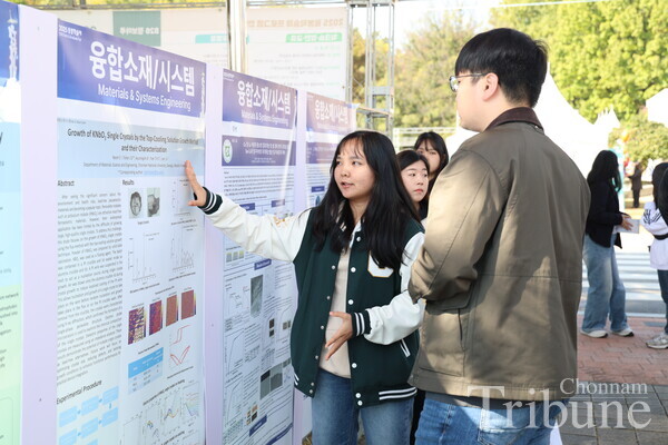 A student explains the contents of the poster to another student.
